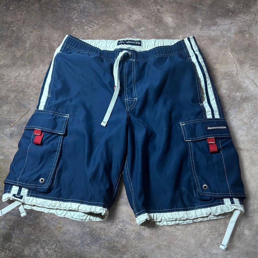 Abercrombie Swim Trunks Mens Medium Navy Blue Board Shorts Baggy 90s Y2K
